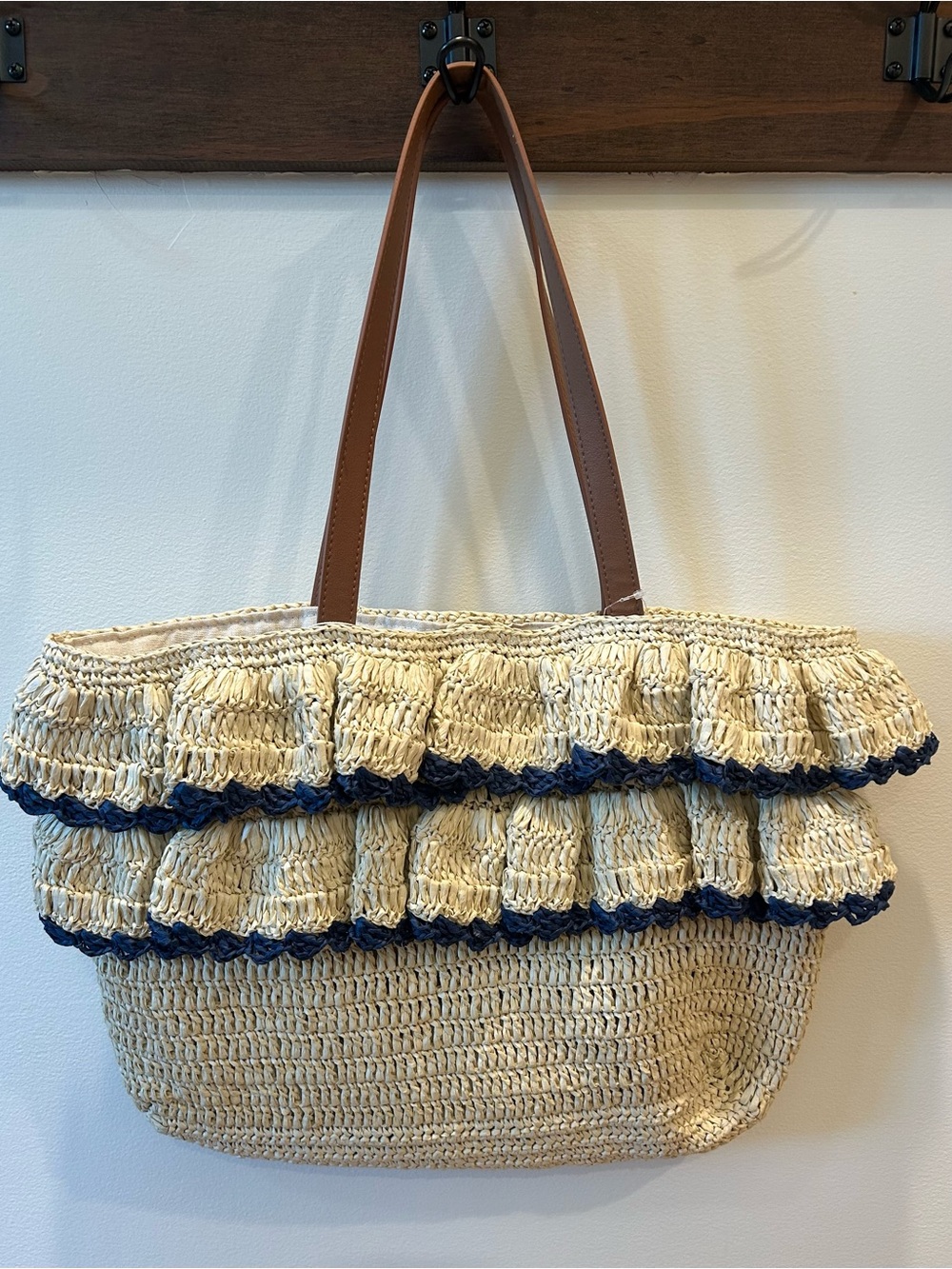 Haute Hippie Style Ruffle Straw Tote Bag Navy Blue Trim Beach Summer Boho NWT